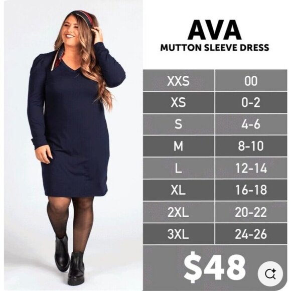 Lularoe AVA Womens Size 2XL Navy Blue V-neck Mutton Long Sleeve Dress NWT - Picture 4 of 10